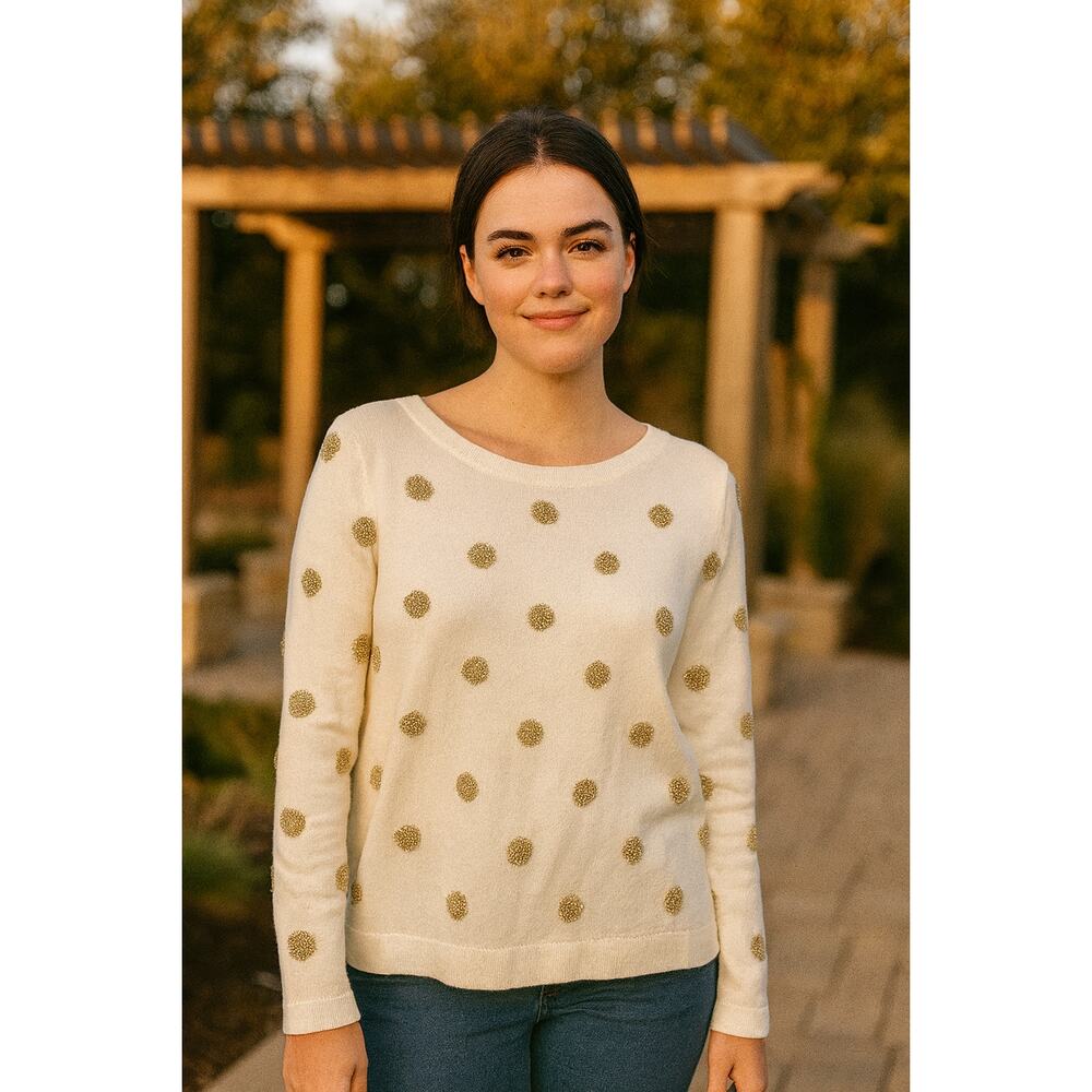 Talbots Wool Blend Sweater Ivory Gold Polka Dot Crew Neck Long‎ Sleeve Size XL